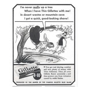 1944 Gillette Razor Blades Vintage Print Ad Up a Tree Cartoon Wall Art 5 x 6"